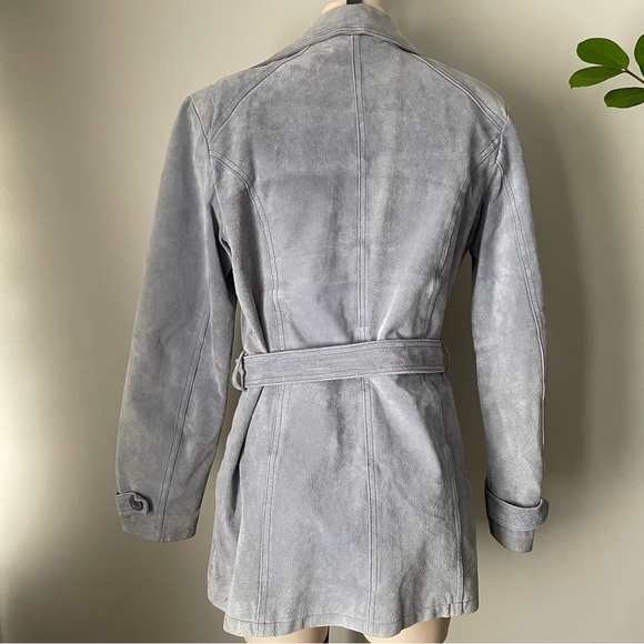 Vintage Le Chateau Suede Leather Belted Trench Coat Jacket Light Blue Size Large - Picture 7 of 11